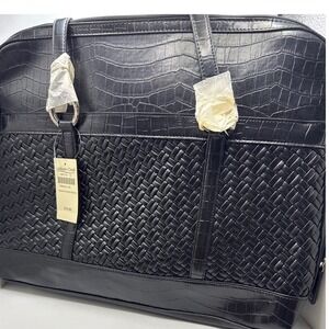 Coldwater Creek Hampton Computer Bag Black Woven Croc Embossed Laptop Tote NWT